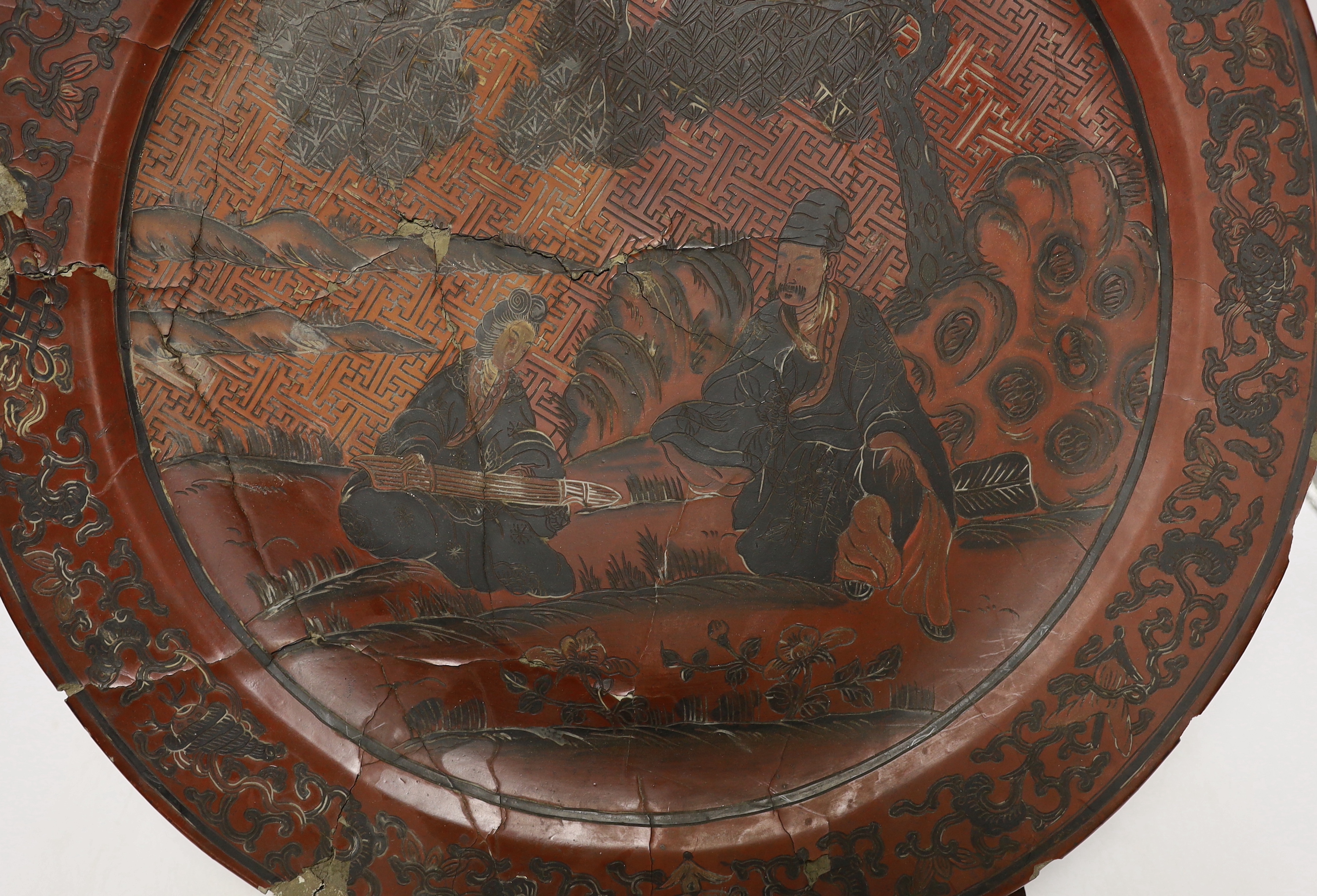 An 18th century Chinese polychrome lacquer large dish on stand, 45.5cm